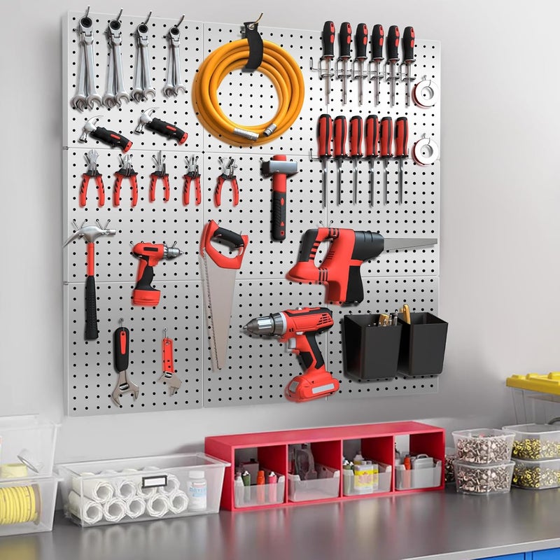 FZK Peg Board, 4 Pack Metal Pegboard Kit,Silver Pegboard Wall Organizer with 32 Pcs Hooks, Peg Board for Walls Home, Garage Tool Storage, Office Organization, Kitchen, Craft Room - Image 5